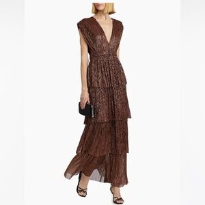 Sabina Musayev Brown Skylar Tiered Belted Metallic Gown
